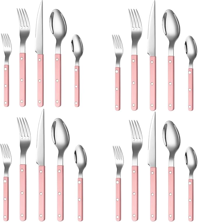 Khen Cutlery Set of 20, 18/8 Stainless Steel Flatware, Modern Silverware for Home, Kitchen, Dining & Table Setting for 4 ??Stainless Steel, Dishwasher Safe, Lightweight & Ergonomic Design Gift - Pink
