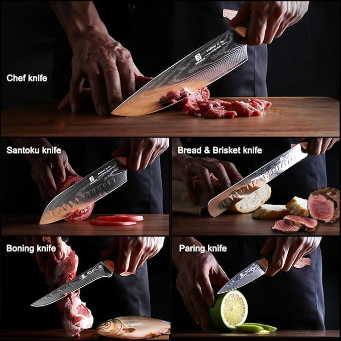 5-Piece Damascus Chef Knife Set: High Carbon Stainless Steel, Professional Ultra Sharp Kitchen Knives Set with Ergonomic Black Handle - Chef/Santoku/Paring/Bread/Brisket/Boning Knives in Gift Box