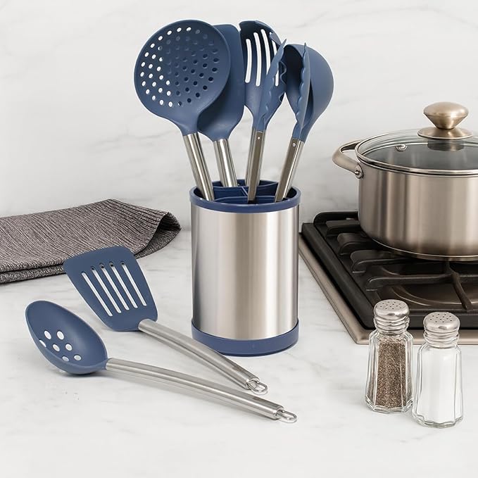 Glad Kitchen Utensils Set, 8pcs - Nonstick Cooking Tools with Stainless Steel Handles & Rotating Utensil Holder - Turners, Ladle, Spoon, Tongs, Spaghetti Server, and Skimmer - Dishwasher Safe, Blue