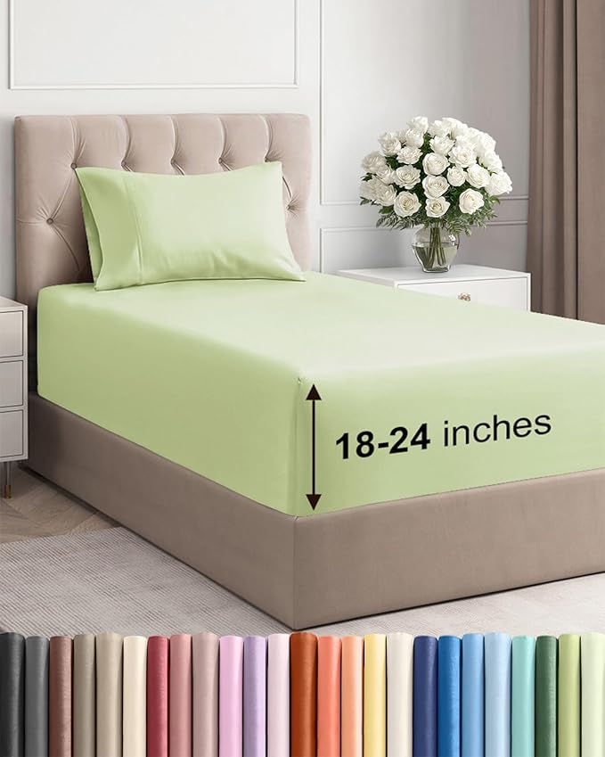 Extra Deep Pocket Twin Sheets - 3 Piece Breathable & Cooling Bed Sheets - Hotel Luxury Bed Sheet Set - Soft, Wrinkle Free & Comfy - Easily Fits Extra Deep Mattresses - Light Sage Green Sheets Set