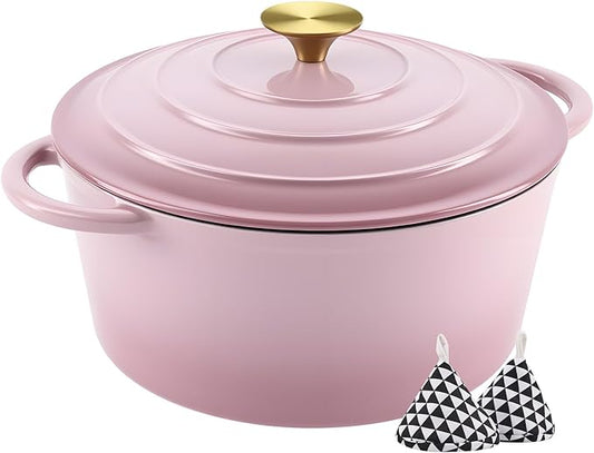 Miereirl 6 Quart Enameled Dutch Oven Pot with Lid, Cast Iron Dutch Oven with Dual Handles for Bread Baking, Cooking, Non-stick Enamel Coated Cookware, Pink