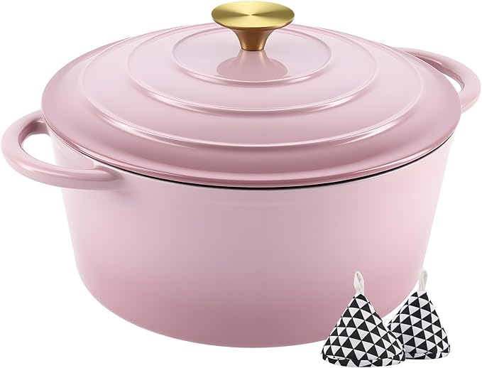 Miereirl 4.5 Quart Enameled Dutch Oven Pot with Lid, Cast Iron Dutch Oven with Dual Handles for Bread Baking, Cooking, Non-stick Enamel Coated Cookware, Pink