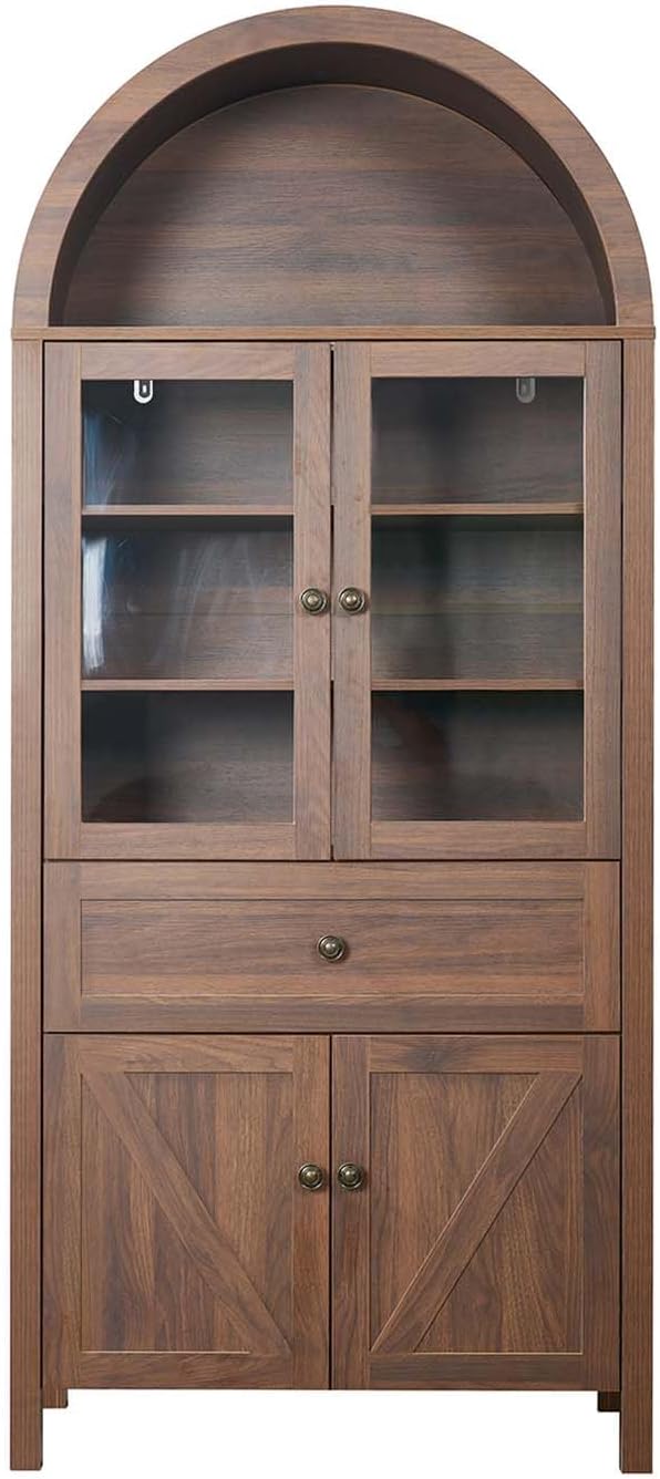 71" Tall Arched Cabinet, Arched Kitchen Pantry with Glass Doors & Shelves, Modern Display Storage Cabinets with Drawers, Wooden Pantry Cabinet for Living Room, Dining Room or Kitchen, Walnut