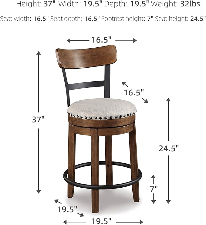 Signature Design by Ashley Valebeck Rustic Farmhouse Swivel Bar Stool ??24.5??Counter Height, 360째 Swivel Metal & Wood Frame, Polyester Upholstery ??Brown