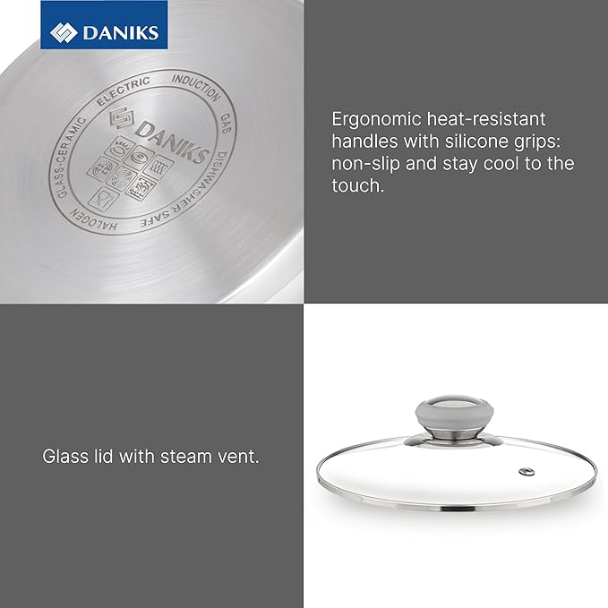 Daniks Modern 3 Quart Stainless Steel Stock Pot with Glass Lid, Tri-Ply Bottom for Even Heating, Induction Compatible, Dishwasher Safe, Heatproof Handles