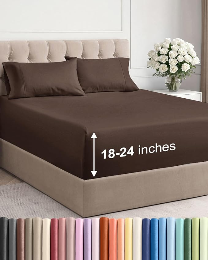 Extra Deep Pocket Full Sheets - 4 Piece Breathable & Cooling Bed Sheets - Hotel Luxury Bed Sheet Set - Soft, Wrinkle Free & Comfy - Easily Fits Extra Deep Mattresses - Deep Pocket Brown Sheets Set