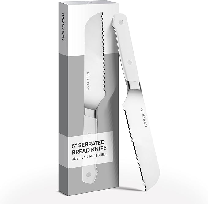 Misen Serrated Bread Knife - High-Carbon Japanese AUS8 Steel - Perfect for Soft Foods, Bread, Pastries, and Fruits - Verstatile Slicer, Razor-Sharp Edge, Durable Blade, Ergonomic Handle - 5", White