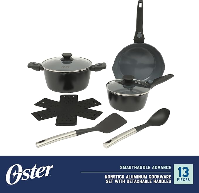 Oster SmartHandle Advance 13-Piece Ceramic Nonstick Cookware Set ??Matte Black Finish, Gray Interior, Induction Base, Detachable Handles, Oven & Dishwasher Safe, With Utensils & Pan Protectors