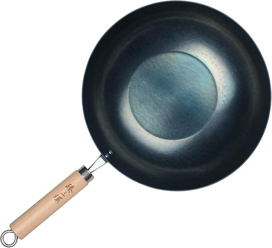 ?삡툒??ZhenSanHuan HandHammered Iron Wok Flat Bottom Induction Suitable (32CM Wood Handle)