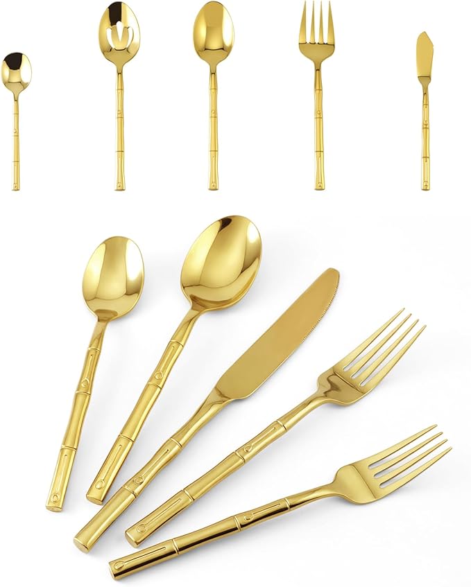 Silverware Serving Set Gold Flatware Set Stainless Steel Bamboo Handle Cutlery Set Mirror Polished 45 Pieces for Home Kitchen Restaurant Hotel Wedding Housewarming Gift Service for 8