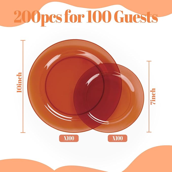I00000 200 Pcs Clear Brown Plastic Plates - Elegant Disposable Plastic Party Plates Include 100 Dinner Plate 10?쇺?and 100 Dessert Plate 7?쇺?Perfect for Birthday, Party & Wedding
