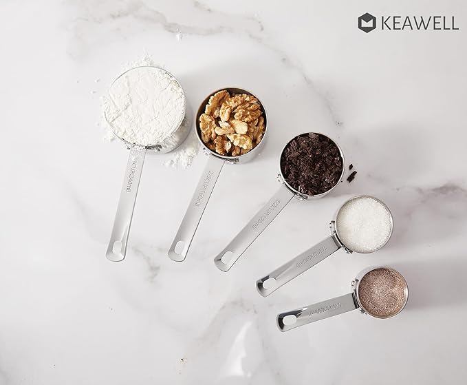 KEAWELL Premium 5-Piece Measuring Cups Set ??/4, 1/3, 1/2, 2/3, and 1 cup-18/10 Stainless Steel - Upscale, Durable, Stackable, Dishwasher Safe (Silver, 5PC Measuring Cups)