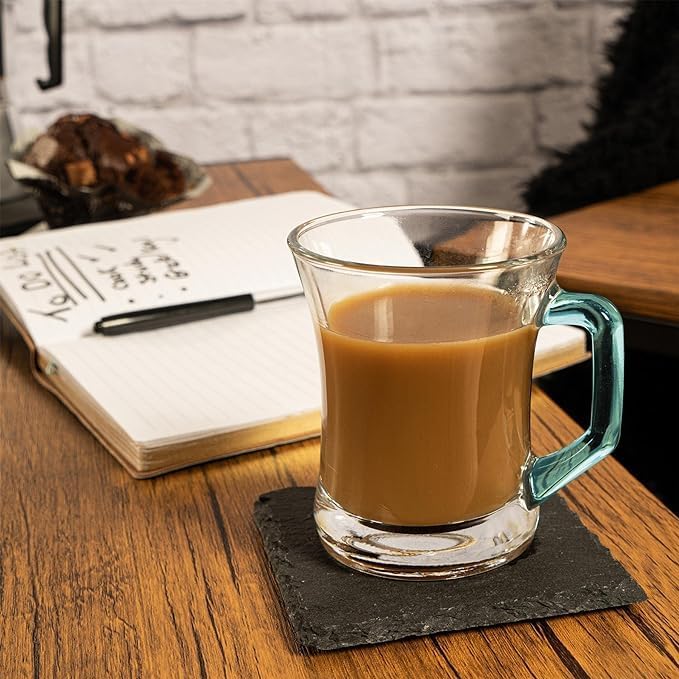 LAV Glass Tea Mugs Set of 6 | Coffee Espresso Cups, Coffee Mugs, Durable Turkish Japanese Tea Glass 7 1/2 oz (Colored Handles)