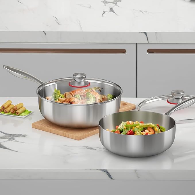 Tri-ply Stainless Steel Saute Pan 7.5-Quart with Clear Lid Deep Frying Pan for Chef's Cooking Wok Induction Oven Dishwasher Safe, Compatible with All Cooktops(Detachable Handle, 13Inch)