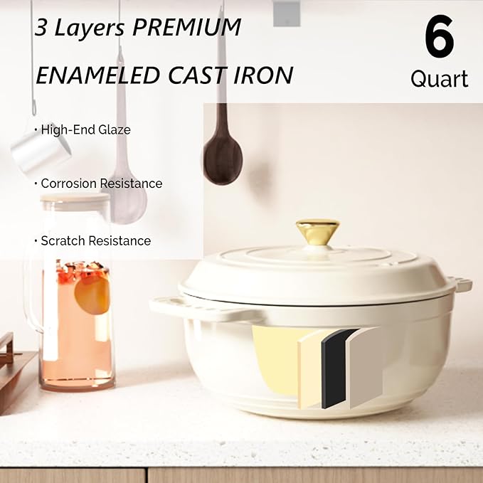 VINGLI 6QT Enameled Cast Iron Round Dutch Oven Pot with Lid, NonStick Casserole Pot with Dual Handles & Silicone GlovesRed, Oven Safe up to 500째F or on Stovetop, Dutch Oven for Bread Baking, White