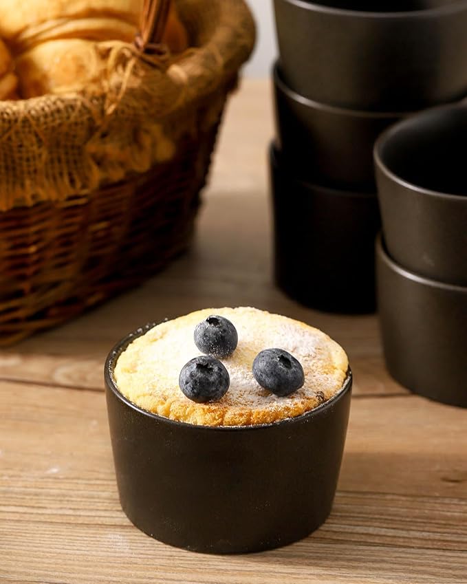 Tikooere Ramekins 6 oz, Oven Safe Souffl챕 Dishes for Creme Brulee, Souffle, Pudding, Lava Cake, Stoneware Custard Ramikens for Baking, Ceramic Sauce Bowls Set of 6, Kitchen Decor Gift, Matte Black