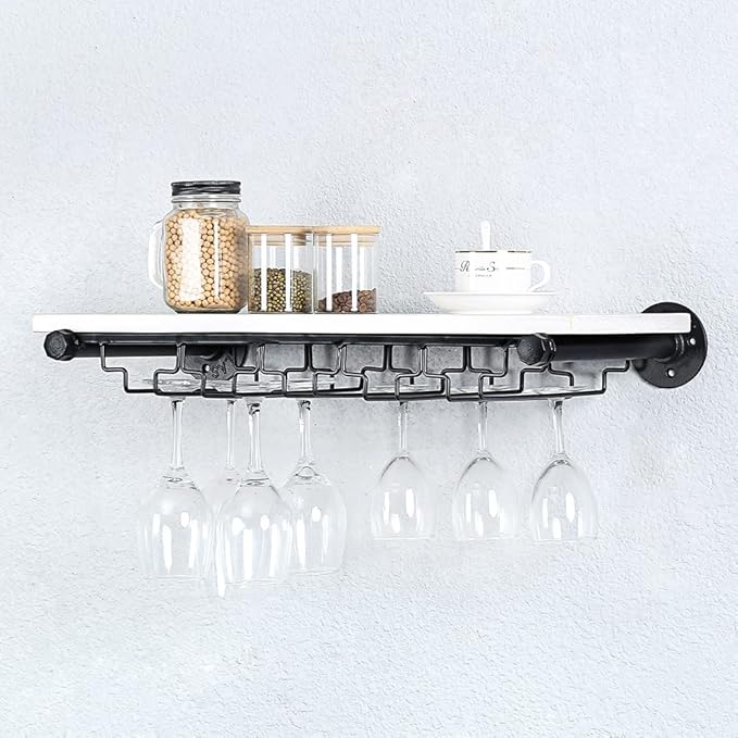 Industrial Wine Rack Wall Mounted with 5 Glass Holder,Wine Glass Rack Floating Wine Glass Shelf,24in Pipe Shelving Hanging Wood Shelves