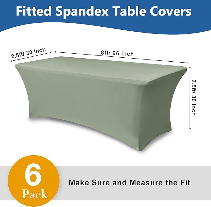 Enjoyidea Spandex Table Cloths for 8 Foot Rectangle Tables-6 Pack Fitted Stretch Sage Table Covers-Elastic Folding Tablecloths for Party, Vendor Booth Display, Banquet Buffet Event, Craft Trade Show