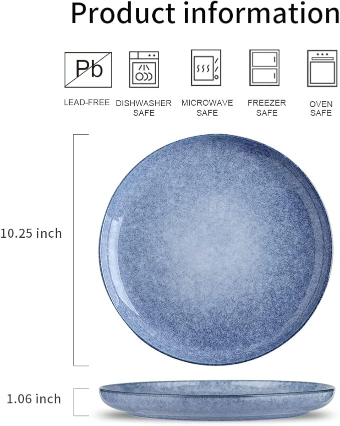 KOOV Ceramic Dinner Plates - Set of 6, 10.25 inch Reactive Glazed Blue Porcelain Plates for Salad, Pasta, Restaurant, Kitchen Serving Dish Set