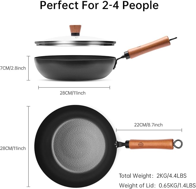 WANGYUANJI 11-Inch Carbon Steel Frying Pan with Beech Wooden Handle & Glass Lid - Physical Non-Stick, Non-Coating Skillet for Induction, Saut챕ing, Frying, Stir-Frying