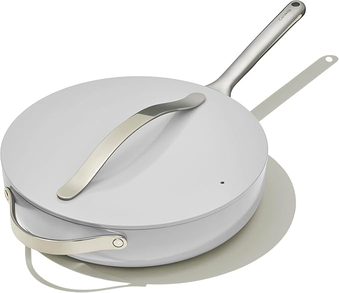 Caraway Nonstick Ceramic Saut챕 Pan with Lid (4.5 qt, 11.8") - Non Toxic, PTFE & PFOA Free - Oven Safe & Compatible with All Stovetops (Gas, Electric & Induction) - Gray