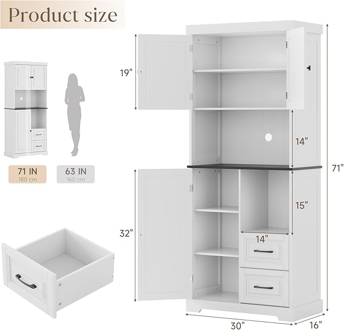 71" Tall Kitchen Pantry Cabinet, White Wooden Storage Cabinet with Drawers & Wire Hole & Adjustable Shelves & Anti-Tip Device, Multipurpose Pantry Cabinets for Kitchen Bathroom Living Room