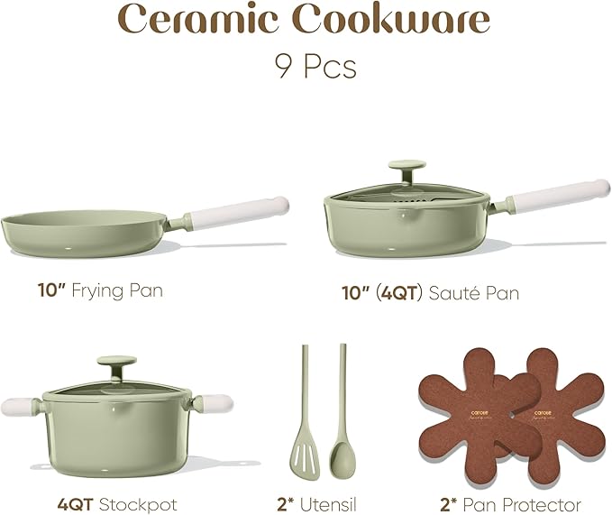CAROTE Pots and Pans Set Nonstick, Ceramic Cookware Set, Green Cooking Set Kitchen Induction Set with Steamer, PFAS PTFE Free,9 Piece