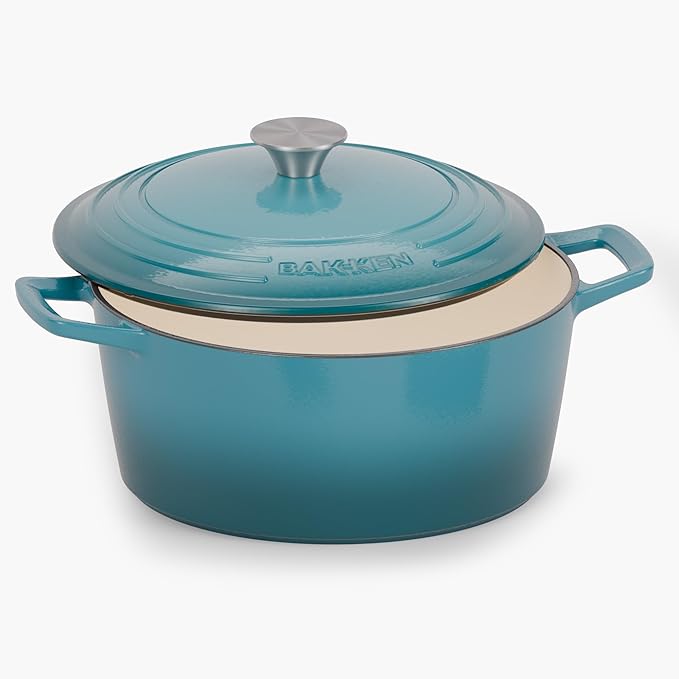 Bakken Enameled Cast Iron Dutch Oven Pot, 6QT Dutch Oven for Bread Baking, Braising & Roasting, Kitchen & Campfire Cooking, Moisture-Locking Lid, Oven Safe Up To 500째F, Works on All Cooktops, Teal