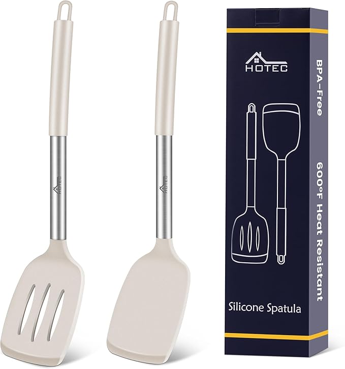 HOTEC Silicone Spatula Set of 2 Heat-Resistant 600째F & BPA-Free Kitchen SaptulaTurner with Stainless Steel Handles, Slotted & Solid Spatulas for Nonstick Cookware, 13.7 Inch, Khaki