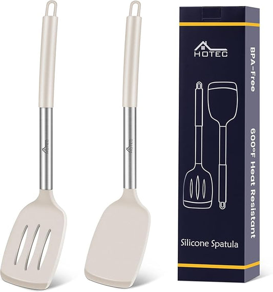 HOTEC Silicone Spatula Set of 2 Heat-Resistant 600째F & BPA-Free Kitchen SaptulaTurner with Stainless Steel Handles, Slotted & Solid Spatulas for Nonstick Cookware, 13.7 Inch, Khaki