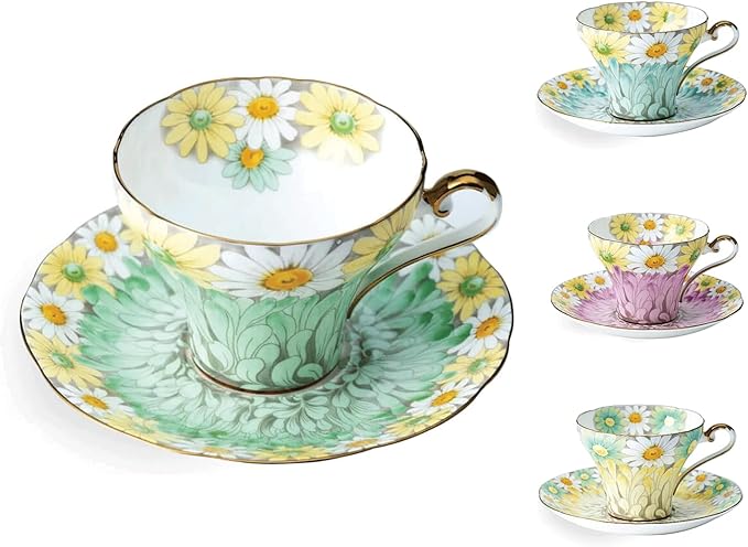 Aynsley Daisy Corset Fine Bone China Teacup and Saucer Set - 5.07oz Hand-Painted Gold-Trimmed Corset-Shape Set, Fancy Gift for Birthdays/Mother?셲 Day/Tea Lovers(Green)