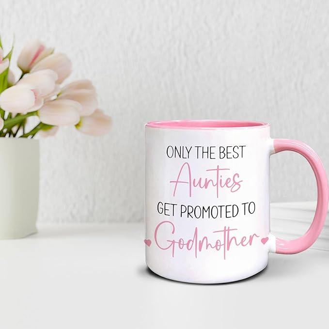 QASHWEY Godmother Coffee Mug, Godmothers Gifts, Aunties Aunt Gifts, Pregnancy Announcement CoffeeMug Tea Cup Gift for Friends Women, Promoted to Godmother Coffee Cups Ceramic 11oz(Pink)