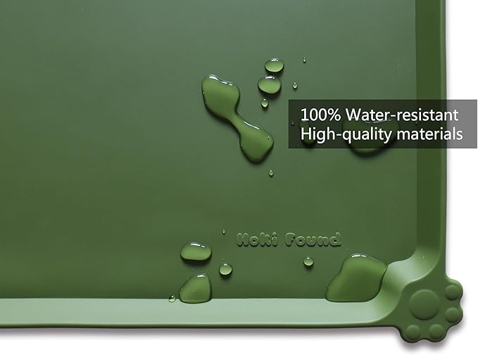 Hoki Found Silicone Pet Food Mat - High-Lips Dog Cat Bowl Placemat - Waterproof, Dark Olive