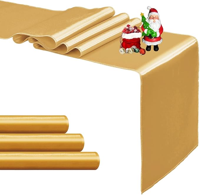 4-Pack Old Gold Satin Table Runner 12 x 108 Inch Long Bright and Smooth Silk Fabric Table Runner for Wedding Banquet Birthday Party Decoration