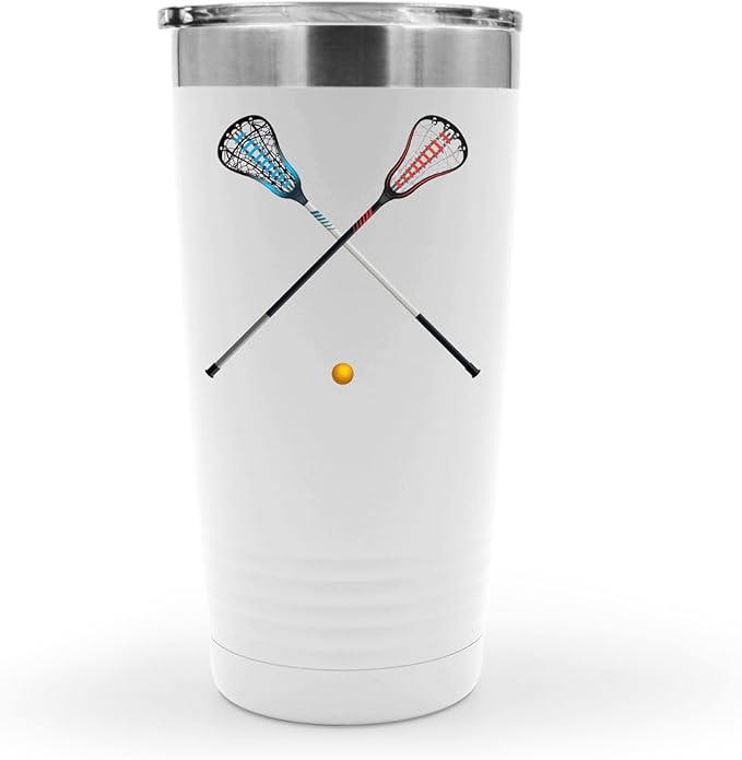 SpreadPassion Isolated Lacrosse Sticks and Ball Tumbler, Stainless Steel Tumbler, 20oz Insulated Tumbler, Christmas Birthday Gift Idea (White)