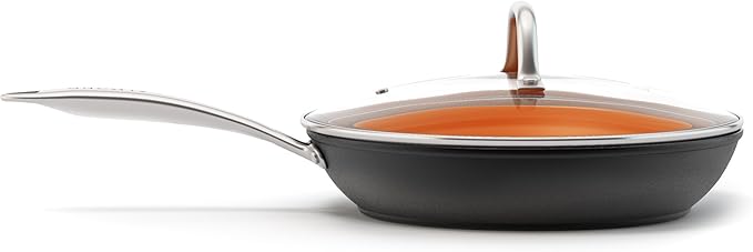 Nonstick Ceramic Copper Frying Pan: Non Stick Skillet with Glass Lid - Round Aluminum Saute Pan For Gas, Electric and Induction Cooktops - 10 Inches