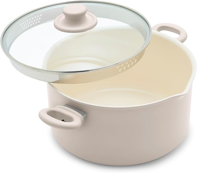 GreenLife 6QT Ceramic Nonstick Stockpot with Glass Straining Lid, PFAS-Free, Dishwasher Safe, Stay-Cool Handles, Oven Safe to 350째F, Wobble-Free Base, Even Heating, Taupe