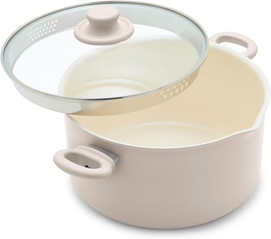 GreenLife 6QT Ceramic Nonstick Stockpot with Glass Straining Lid, PFAS-Free, Dishwasher Safe, Stay-Cool Handles, Oven Safe to 350째F, Wobble-Free Base, Even Heating, Taupe