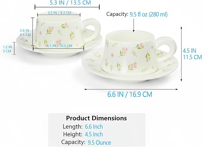 Tea Cup and Saucers, 9.5 oz Floral Tea Cups, Porcelain Teacup, Coffee Cappuccino Espresso Latte Mugs, Floral Design for Party Birthday Cafe Home, Christmas Gifting, A flower Set of 2