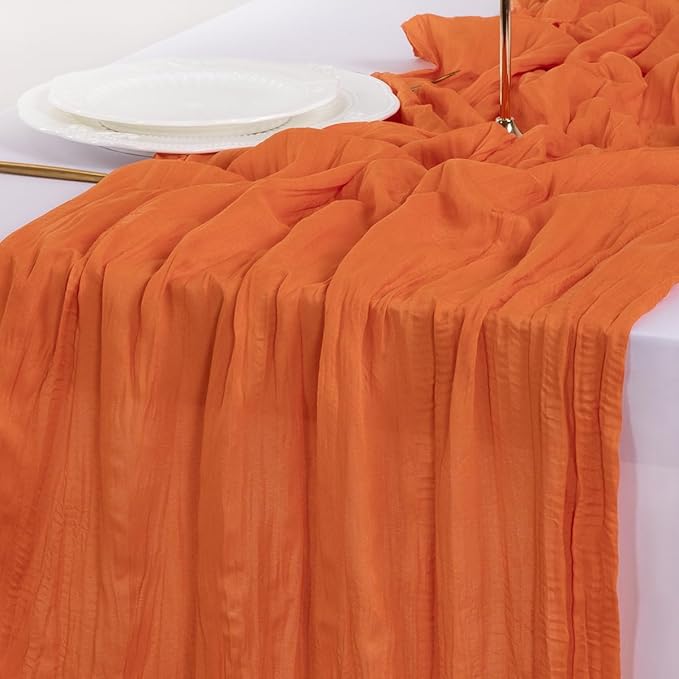 Socomi Orange Valentine's Day Cheesecloth Table Runner Boho Rustic Gauze 120 inch 10FT Cheese Cloth Runner for Wedding Party Baby Shower Birthday Home Decor Holiday Decorations
