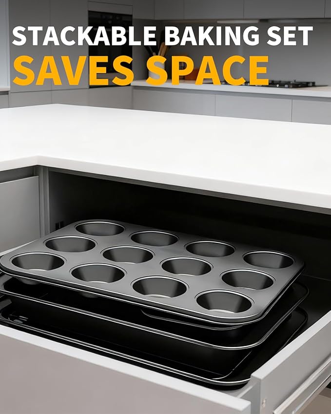 Nonstick Baking Pans Set, 19 PCS Stackable Bakeware Sets, Oven Pan Set Includes Baking Tray, Cookie Sheet, Cake Pans, Loaf Pan, Muffin Pan, Silicone Cups
