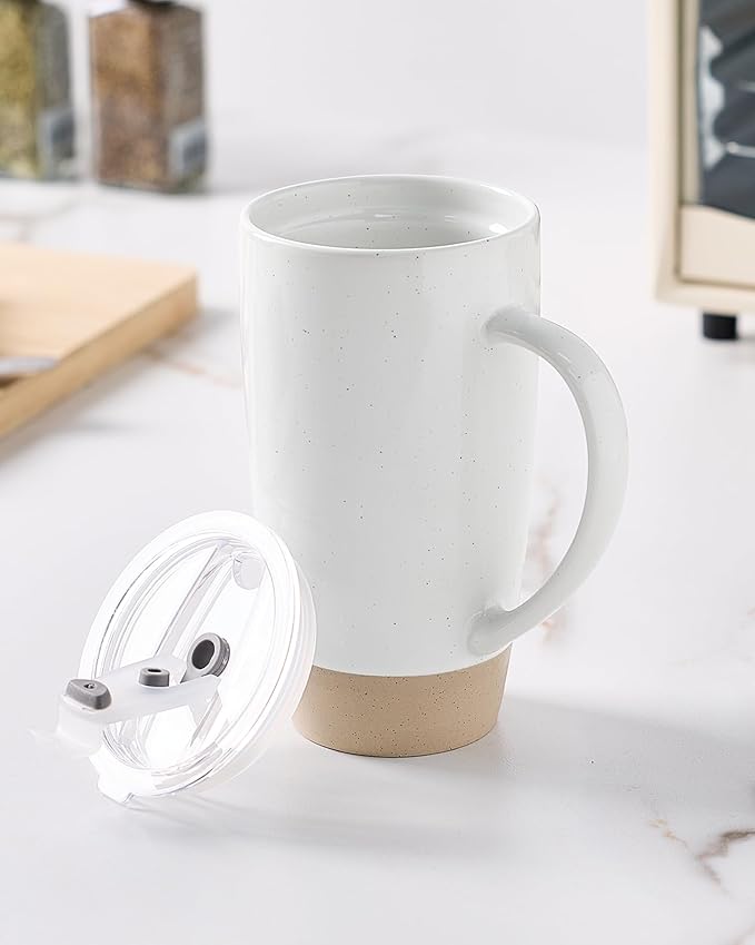 famiware Milkyway Coffee Mug, 20oz Large Coffee Mug, Ceramic Mug with Lid, Tea Cup with Handle for Latte, Tea, Cocoa, Milk, Home & Office, White