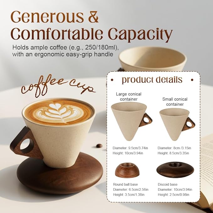 Vintage Coarse Pottery Coffee Mug with Wooden Handle and Saucer, 2026 New Ceramic Cup for Espresso Latte Tea, Wooden Handle Mug Set for Home & Office (Oval base-180ml)