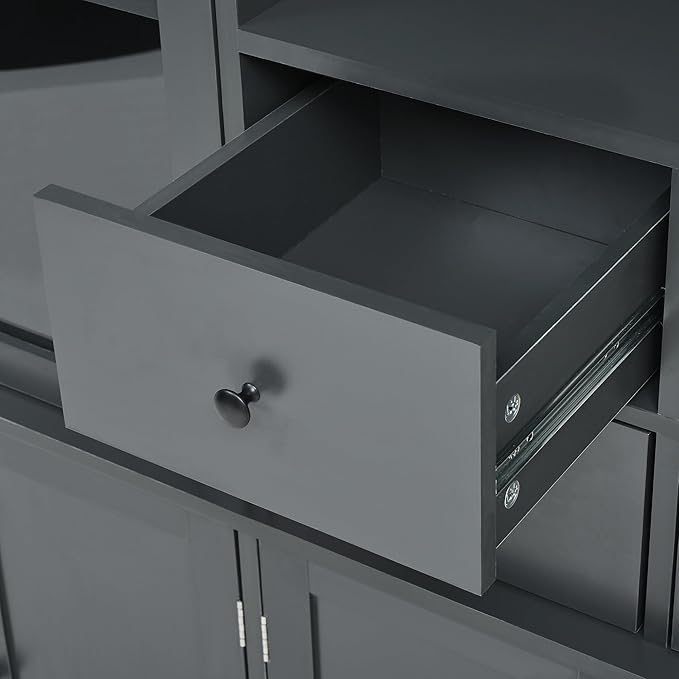 75-inch Tall Kitchen Pantry Cabinet, Freestanding Buffet with Hutch, Storage Cabinet with 4 Drawers, Door Shelves and Pull-Out Trays for Dining Room (Gray + MDF + Farmhouse)