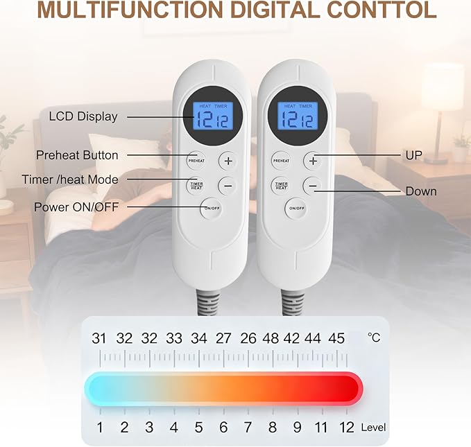 Electric Heated Blanket Queen 84"x90" Soft Dual-Sided Flannel Fast Heating 12 Heat Levels 1??2H Timer & Overheat Protection & Auto Shut-Off & ETL FCC & Machine Washable (Queen 84"x90")