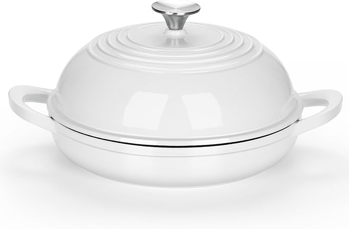 E-far Dutch Oven for Sourdough Bread Baking, 6 Qt Round Enameled Cast Iron Dutch Oven for Homemade Artisan Bread, Dome Lid & Shallow Base, Matte Black Interior & Durable, Oven-Safe to 500?? White