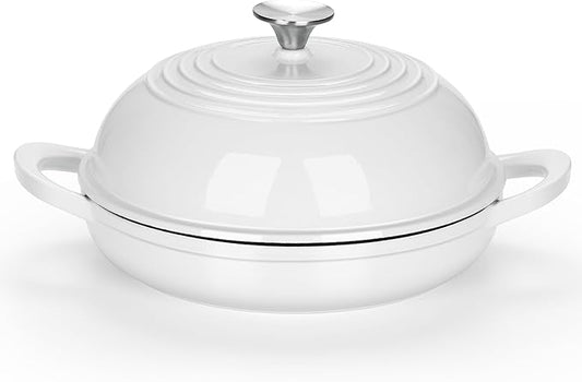 E-far Dutch Oven for Sourdough Bread Baking, 6 Qt Round Enameled Cast Iron Dutch Oven for Homemade Artisan Bread, Dome Lid & Shallow Base, Matte Black Interior & Durable, Oven-Safe to 500?? White
