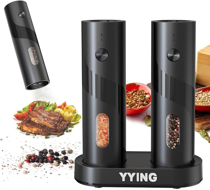 Electric Salt and Pepper Grinder Set, Automatic Pepper Mill Grinder with Charging Base & LED Light, Adjustable Coarseness, Large Capacity, One-handed Operation, for Kitchen, Restaurant, Outdoor