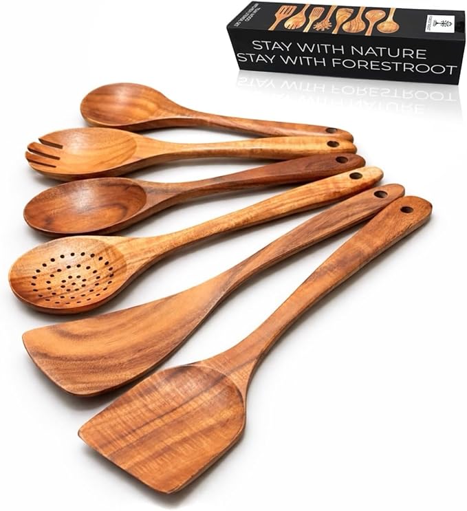 6-Piece Wooden Utensil Set ??Premium Teak Wood Cooking Spoons & Spatulas, Non-Stick, Heat-Resistant, Durable & Eco-Friendly Kitchen Tools for Cooking & Serving