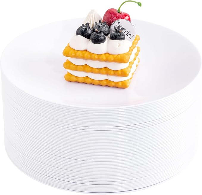 Hioasis 100pcs White Plastic Plates for Party - 7.5" Dinner Plates Disposable, Heavy -duty, Classy and Elegant for Wedding and New Year